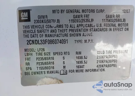 2008 Chevrolet Equinox Lt z USA, uszkodzony, nr VIN 2CNDL33F086074091